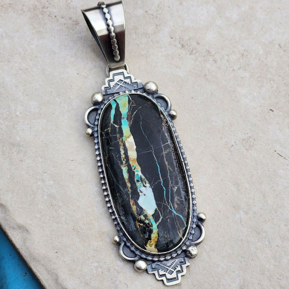 Blackjack Turquoise Navajo Mary Ellen signed handmade USA native pendant - Picture 2 of 9